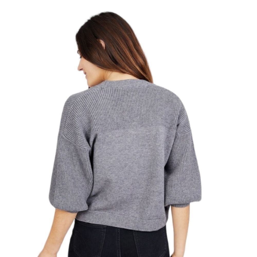 Octavia Gray Open Cropped Cardigan Half Ribbed Sleeves Minimalist Neutral